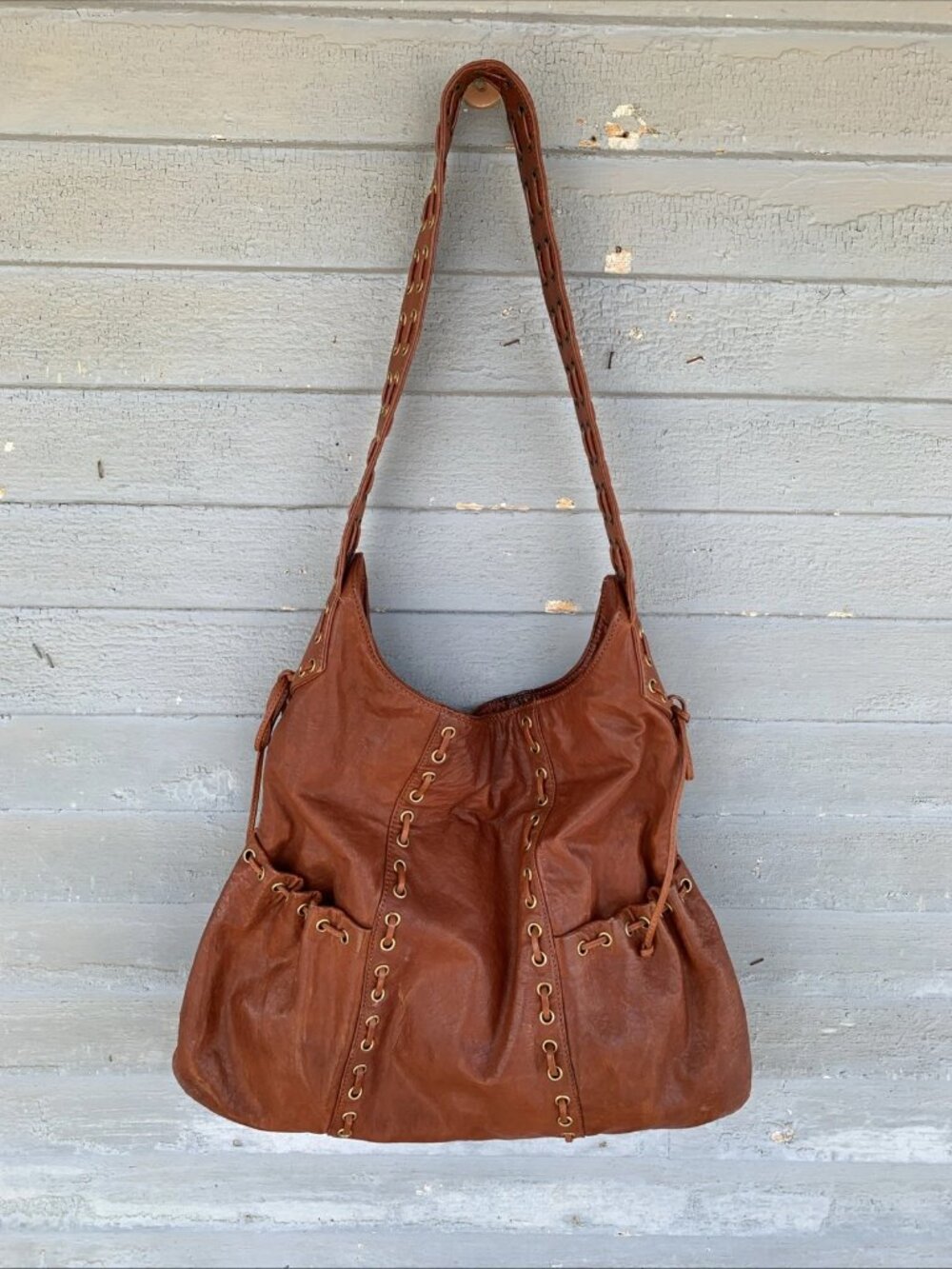 Kooba Marcelle Brown Leather Hobo Bag, Lavender Suede Lining, Magnetic Closure